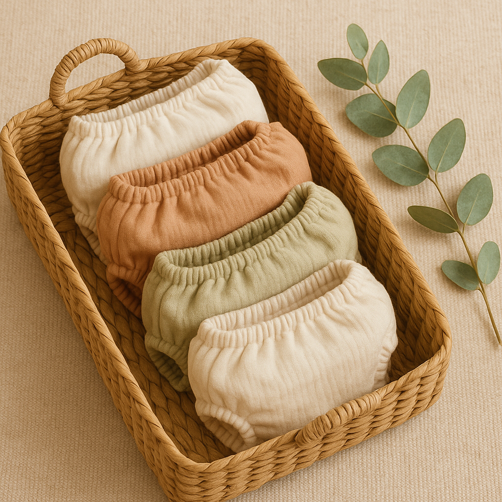Natural-tone cloth nappies and eucalyptus in a basket