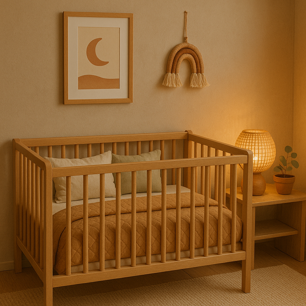 Nursery essentials: Cozy crib setup with soft organic bedding and neutral tones.
