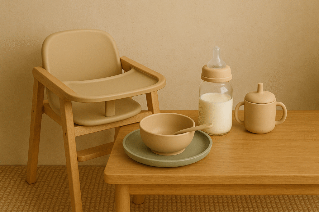 Minimalist baby feeding station with neutral, eco-friendly tableware.