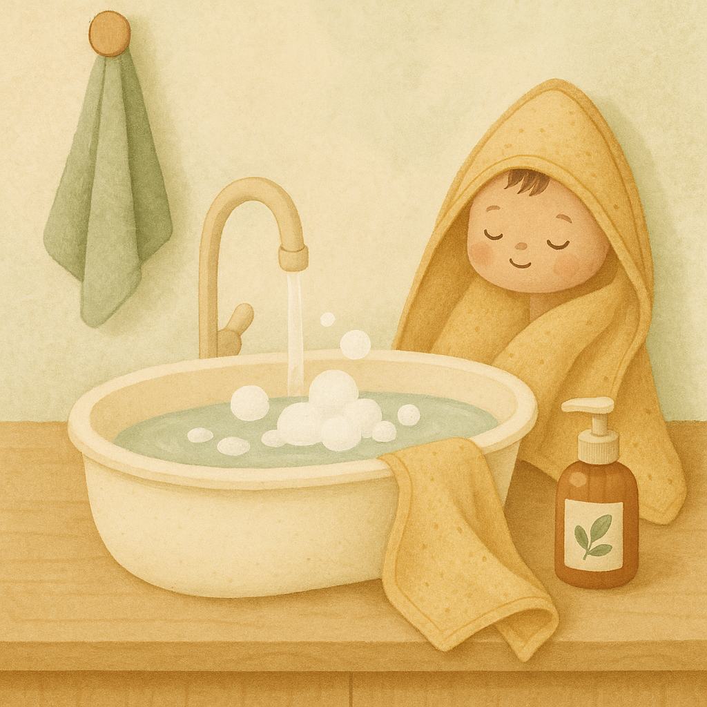 Baby bath setup with refillable soap and soft hooded towel.