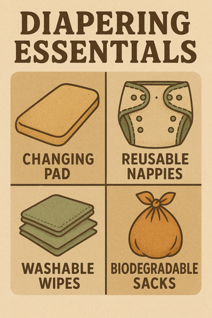 Vintage-style illustrated grid showing four diapering essentials—changing pad, reusable nappies, washable wipes, and biodegradable sacks.