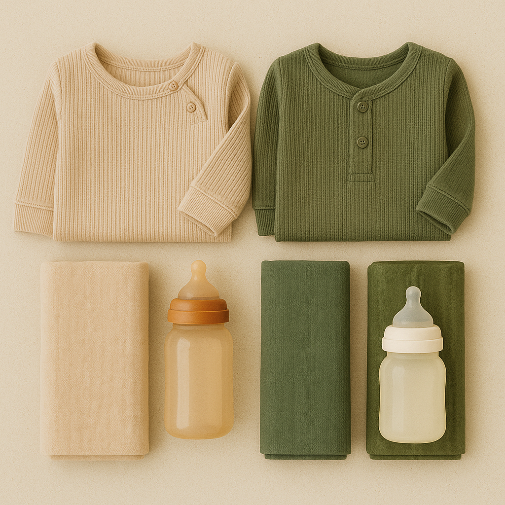 Two cozy baby outfits folded next to two matching swaddles and two bottles on a natural-toned surface.