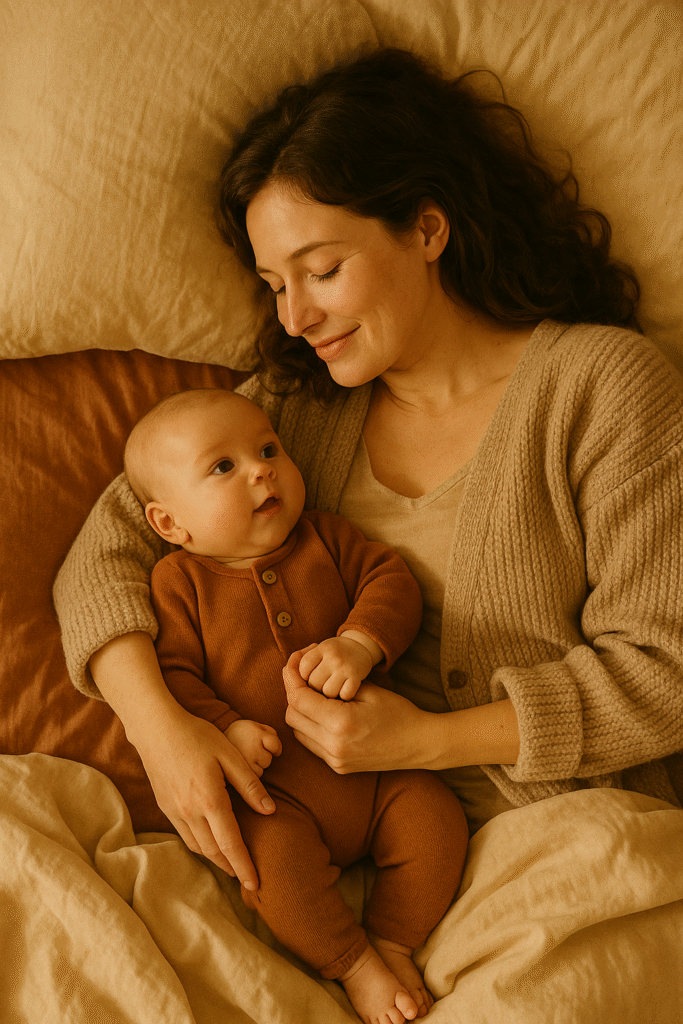 Mother and baby in morning light, cozy in bed with warm hues and soft gentle textures.