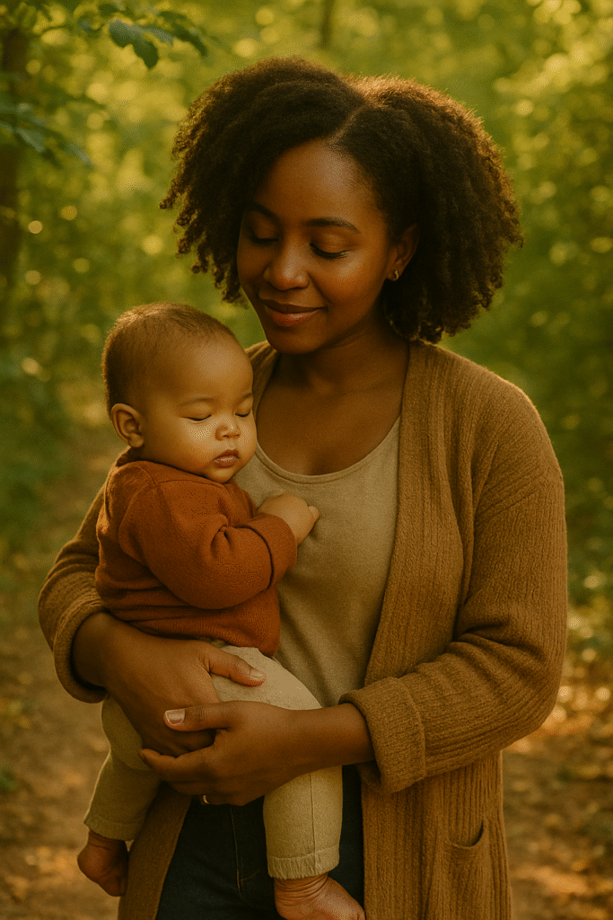 Mother holding baby on a nature walk with leaves and sun dappled light.