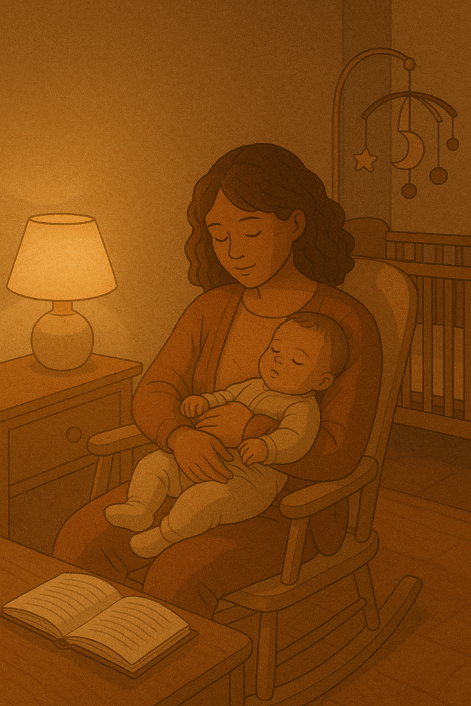 Evening nursery scene with lamp glow, open book, and relaxed baby being cuddled.