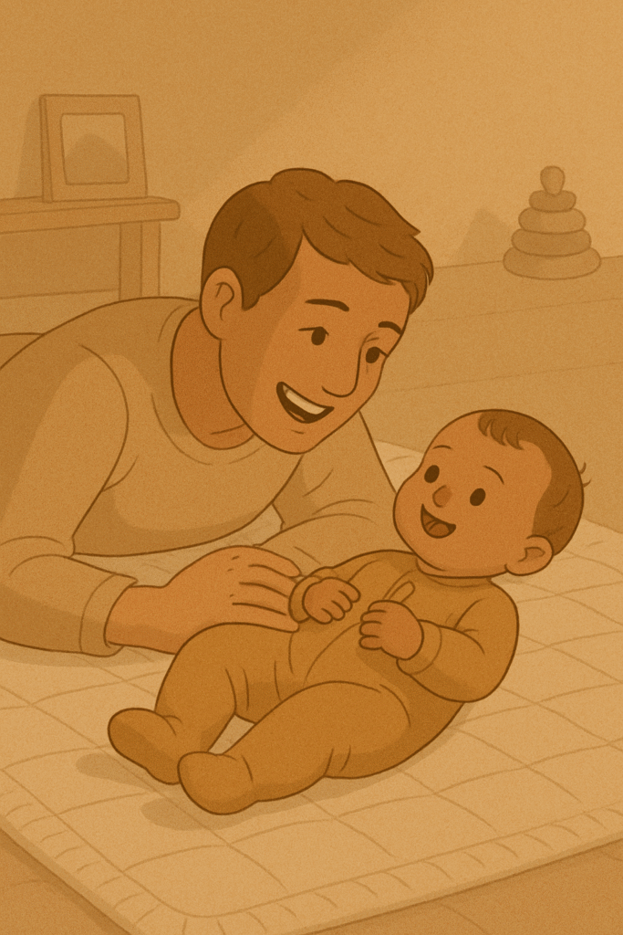 Parent and baby play on a soft mat, smiling and making eye contact with warm, neutral-toned surroundings.